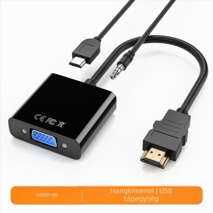 HDMI–ról VGA-ra átalakító hanggal és tápláló adapterkábellel, notebookokhoz és projektorokhoz