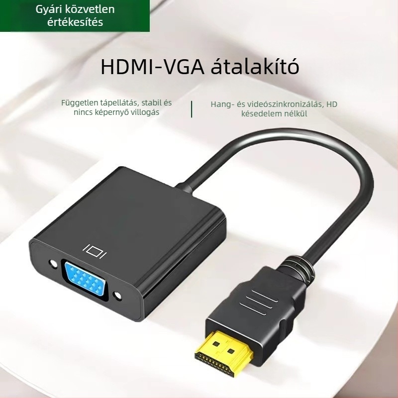 HDMI–ról VGA-ra átalakító hanggal és tápláló adapterkábellel, notebookokhoz és projektorokhoz