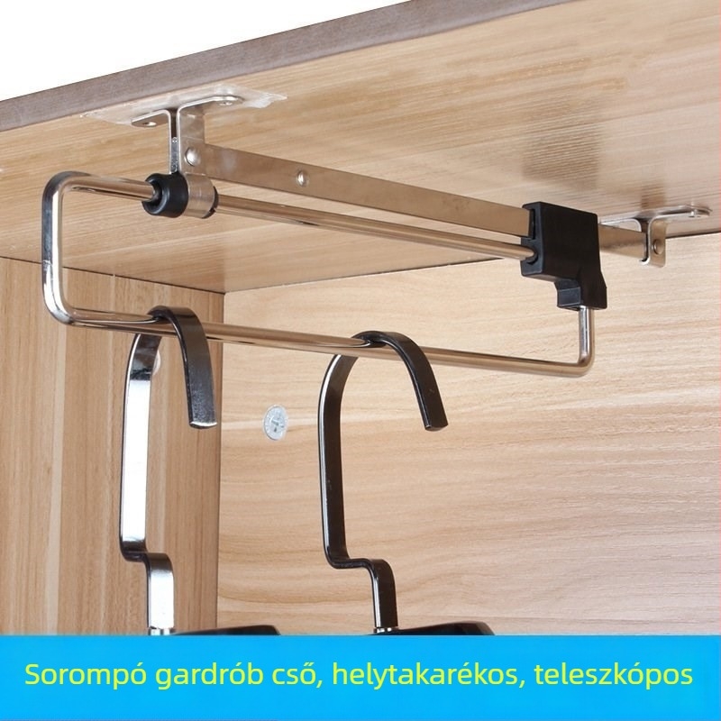 Gardrób ruhaakasztó rúd, felső szerelésű, teleszkópos, vasból, elektroplatírozott bevonattal