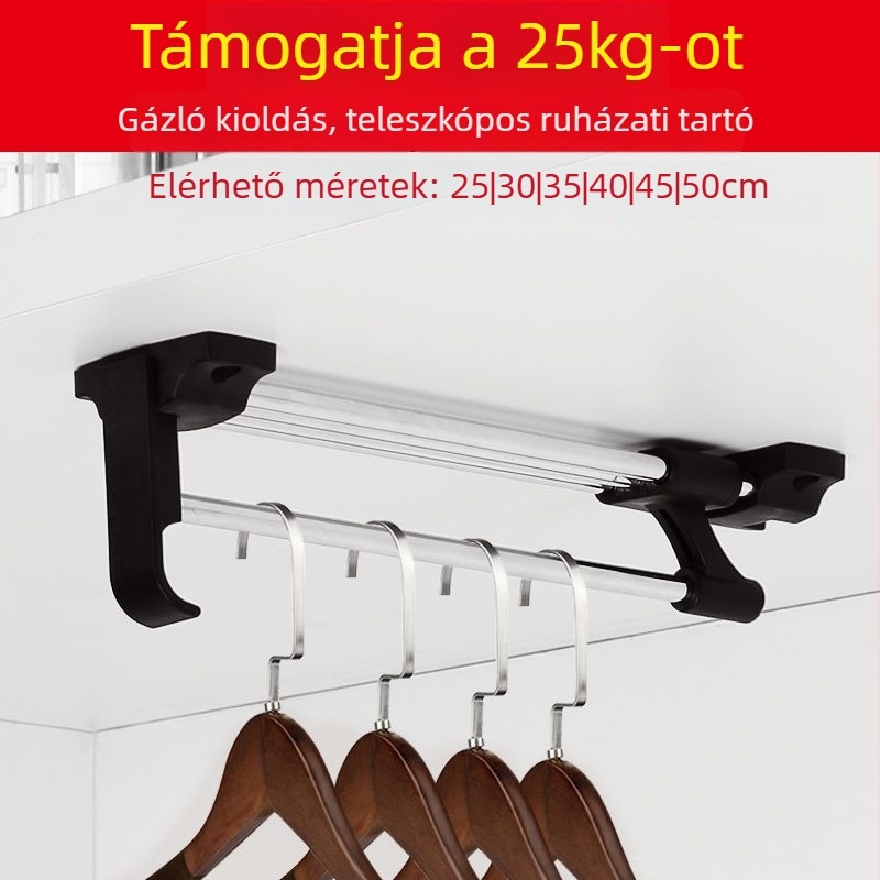 Gardrób ruhaakasztó rúd, felső szerelésű, teleszkópos, vasból, elektroplatírozott bevonattal