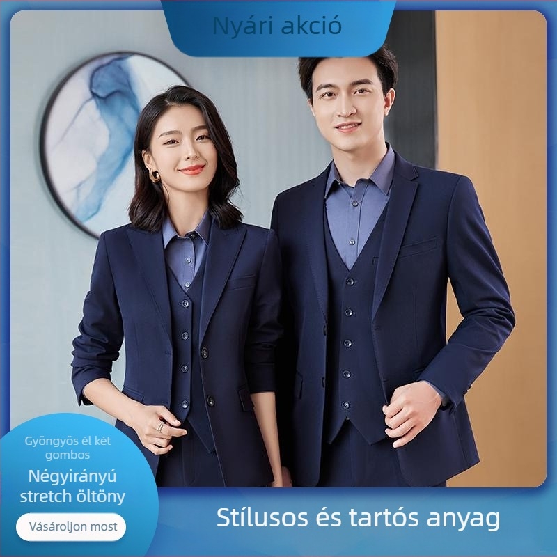 Uniszex üzleti formális öltöny elől kétgombos zárással, négyszeres rugalmasság, csúcsos gallér, szűk szabás, műgyapjú anyag 30% viszkóz