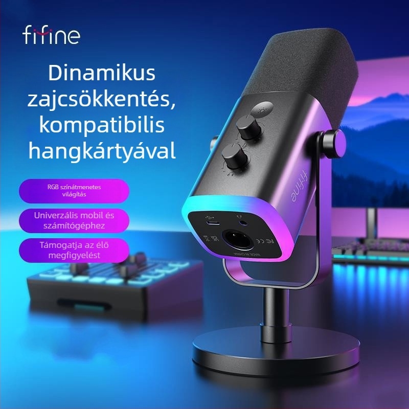 Játék mikrofon dinamikus zajcsökkentéssel és RGB-vel, vezeték nélküli, beépített akkumulátor 1200-2000 mAh, üzemidő 8-12 óra, felvételi mód: szív alakú és szuperkardioid, SNR ≥ 100 dB