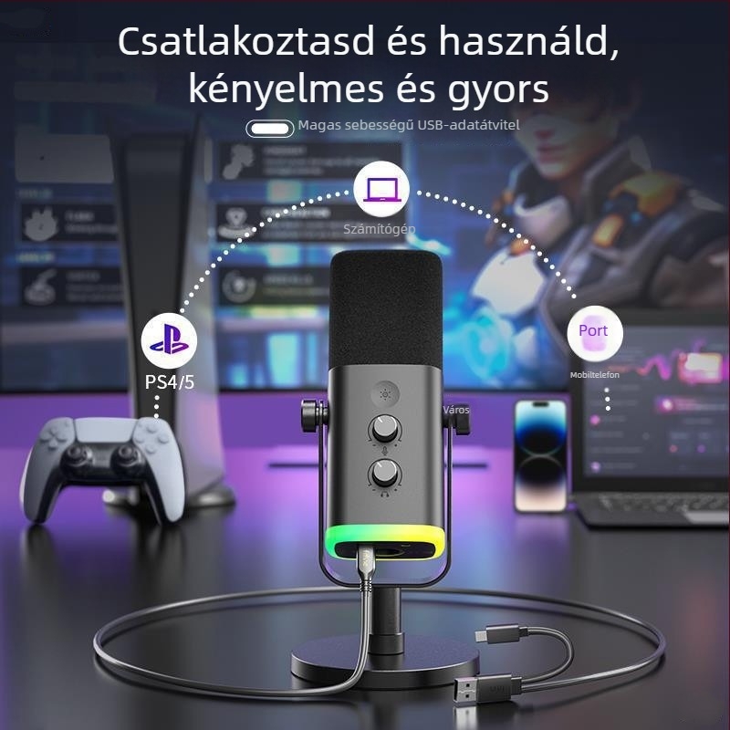 Játék mikrofon dinamikus zajcsökkentéssel és RGB-vel, vezeték nélküli, beépített akkumulátor 1200-2000 mAh, üzemidő 8-12 óra, felvételi mód: szív alakú és szuperkardioid, SNR ≥ 100 dB