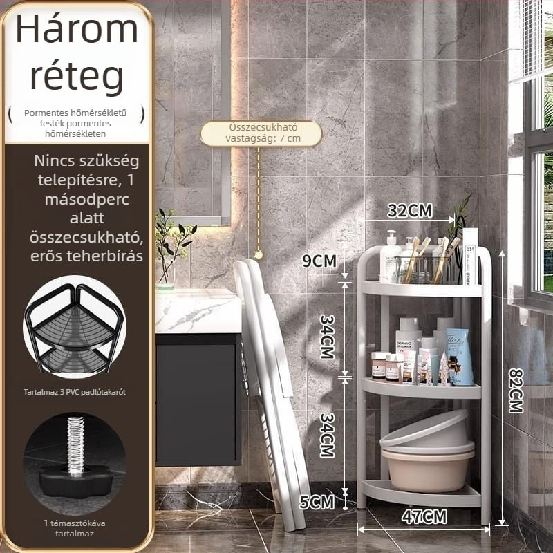 padlón álló háromszög alakú fürdőszobai polc, vasból, felületkezelés sütőben kikeményedő festéssel, 5 szint, teherbírás 15–20 kg / 5–10 kg / 25–30 kg