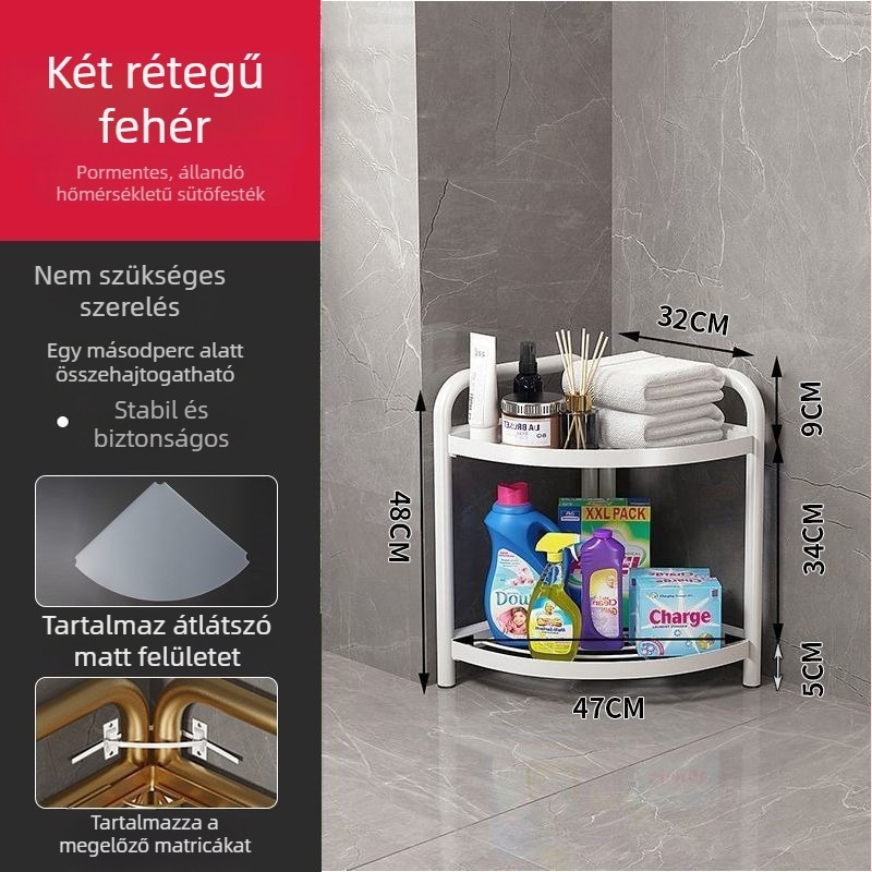 padlón álló háromszög alakú fürdőszobai polc, vasból, felületkezelés sütőben kikeményedő festéssel, 5 szint, teherbírás 15–20 kg / 5–10 kg / 25–30 kg