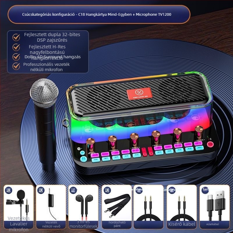 Beépített hangkártya és hangszóró mobilokra és számítógépekre, Bluetooth 5.3, 2 csatorna, 100 Hz–20 kHz, SNR ≥95 dB, 10 W.