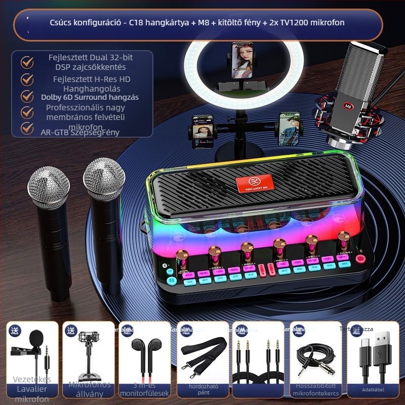 Beépített hangkártya és hangszóró mobilokra és számítógépekre, Bluetooth 5.3, 2 csatorna, 100 Hz–20 kHz, SNR ≥95 dB, 10 W.