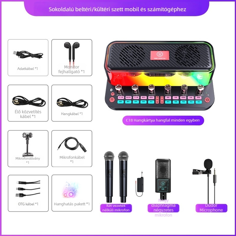 Beépített hangkártya és hangszóró mobilokra és számítógépekre, Bluetooth 5.3, 2 csatorna, 100 Hz–20 kHz, SNR ≥95 dB, 10 W.
