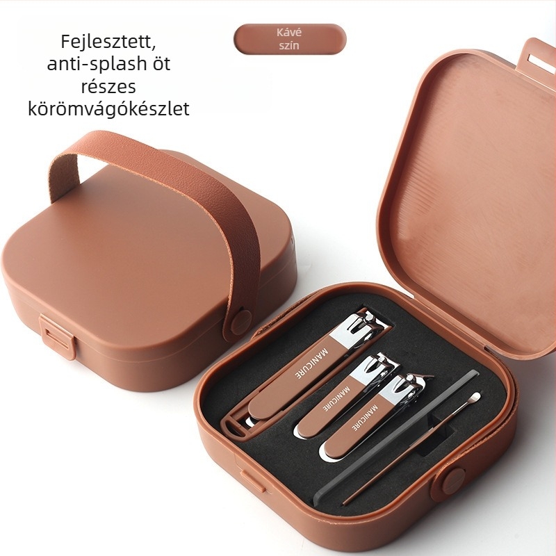 Manikűr eszközök készlet anti-szórás funkcióval, sík ferde élű pengékkel és hordozható tokkal; kivitel: üveg, rozsdamentes acél és szénacél; nettó tömeg 144 g