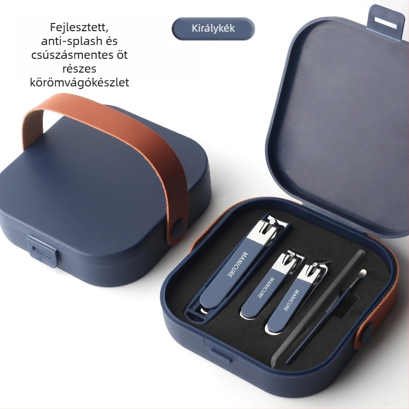 Manikűr eszközök készlet anti-szórás funkcióval, sík ferde élű pengékkel és hordozható tokkal; kivitel: üveg, rozsdamentes acél és szénacél; nettó tömeg 144 g