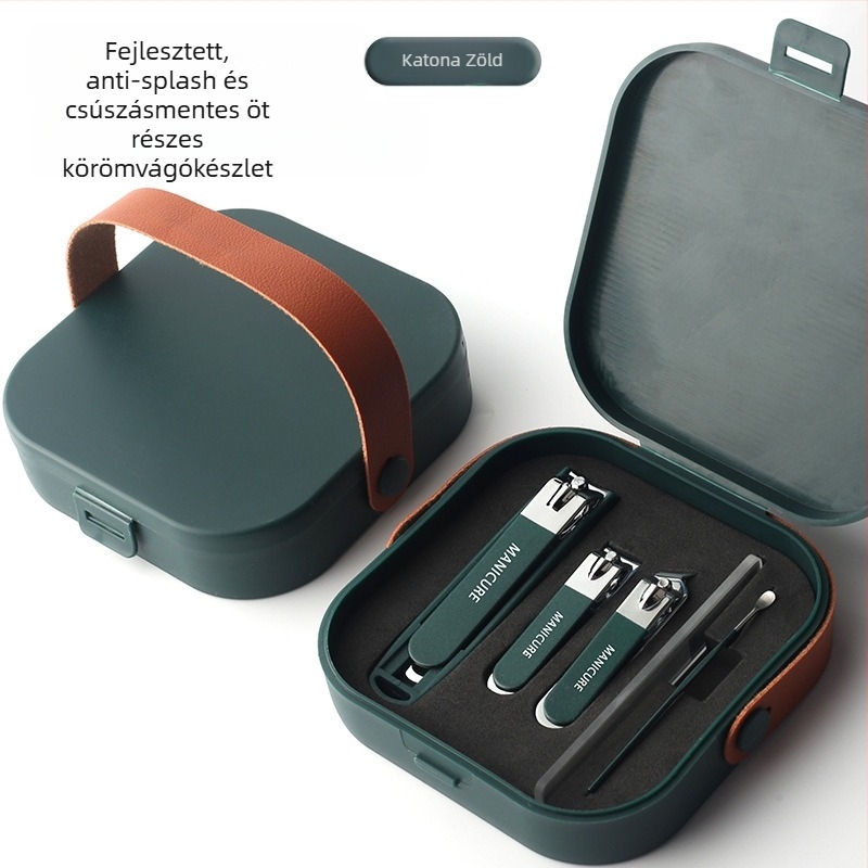 Manikűr eszközök készlet anti-szórás funkcióval, sík ferde élű pengékkel és hordozható tokkal; kivitel: üveg, rozsdamentes acél és szénacél; nettó tömeg 144 g