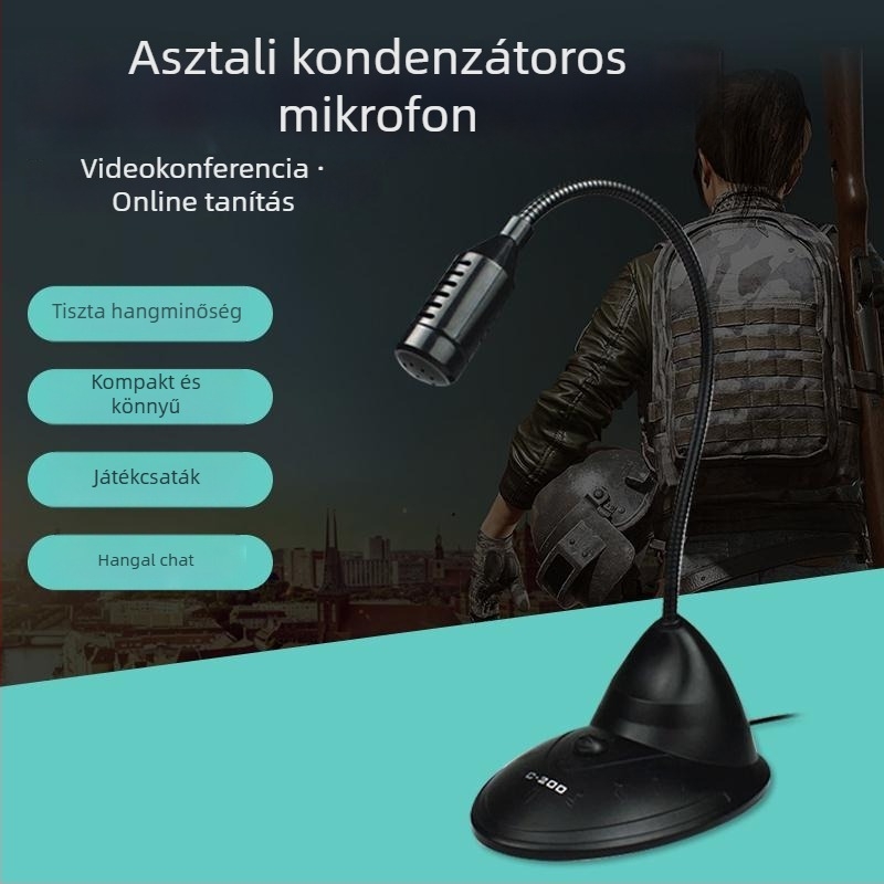 USB kondenzátoros mikrofon számítógéphez – 3,5 mm bemenet, frekvenciatartomány 20 Hz–20 kHz, SNR ≥100 dB
