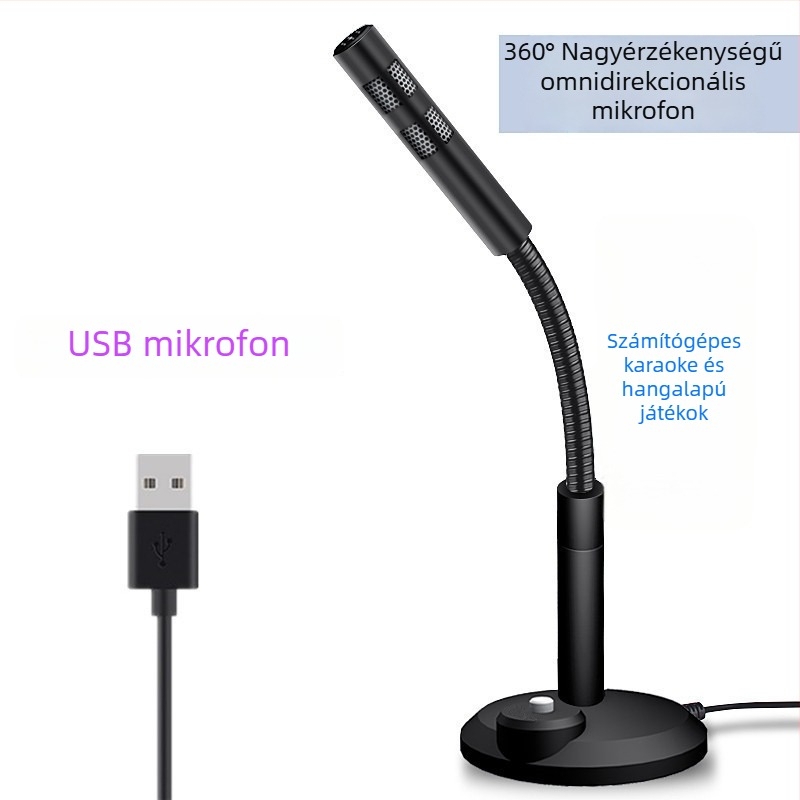 USB kondenzátoros mikrofon számítógéphez – 3,5 mm bemenet, frekvenciatartomány 20 Hz–20 kHz, SNR ≥100 dB