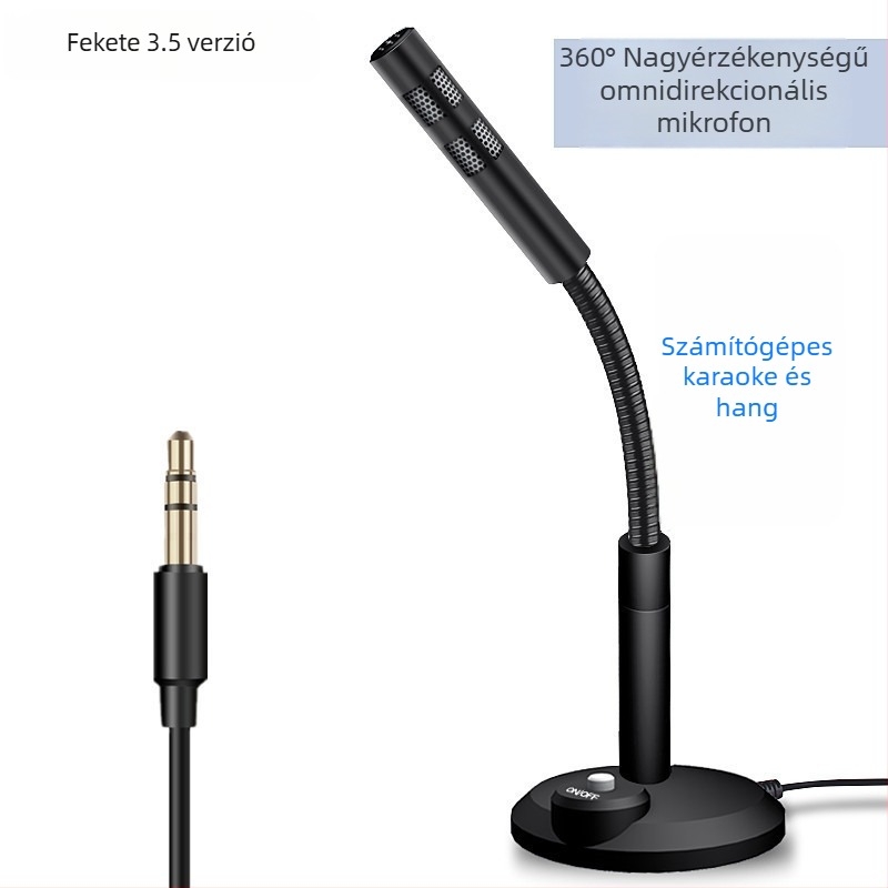 USB kondenzátoros mikrofon számítógéphez – 3,5 mm bemenet, frekvenciatartomány 20 Hz–20 kHz, SNR ≥100 dB