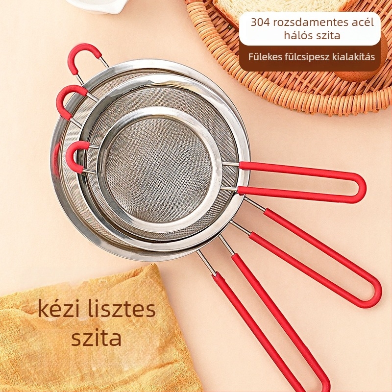 Kézi lisztszitó rozsdamentes acélból (304), ultrafin háló, konyhai eszköz
