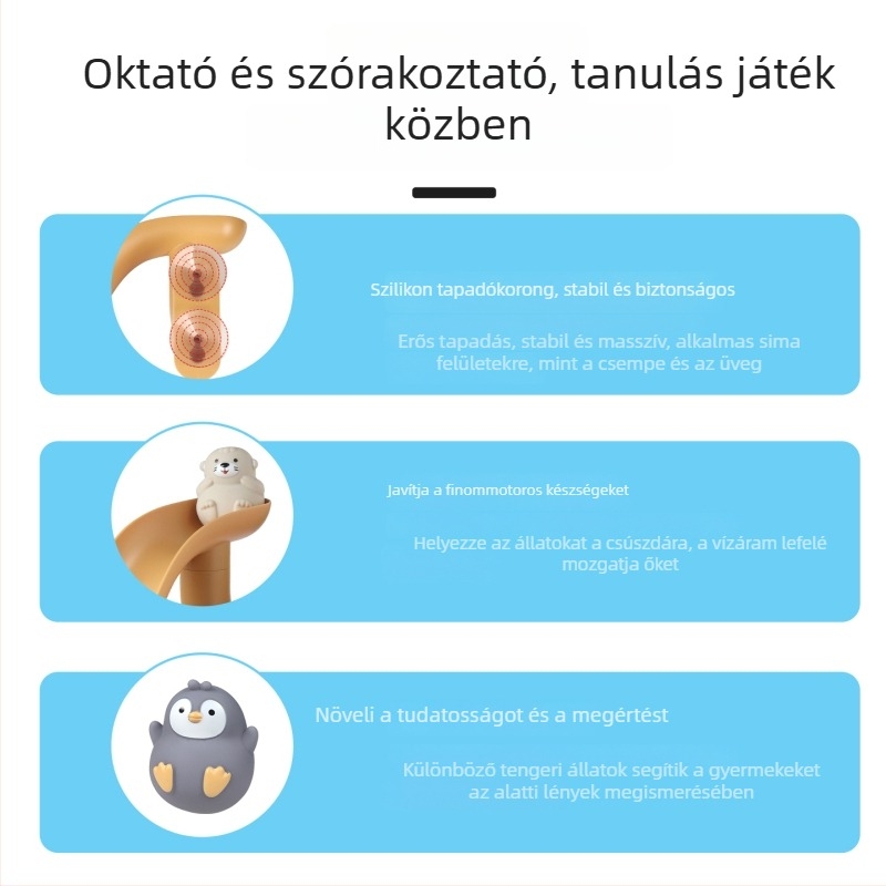 Pingvin fürdőjáték vízpályával és vízkerékkel babáknak 0–3 évesek számára