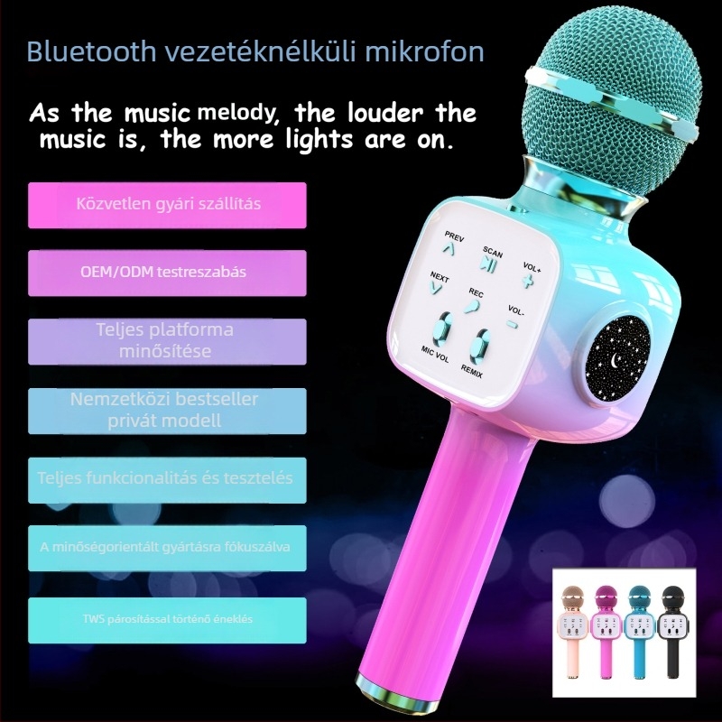 Gyerekeknek Bluetooth mikrofon — hordozható vezeték nélküli mikrofon karaokéhoz, beépített akkumulátor, Bluetooth 5.3, 100 Hz-20 kHz, üzemidő 3-6 óra