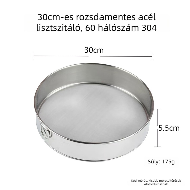304/201 rozsdamentes acél liszt szita, kézi, kör alakú, rizsliszt szita, 60-es és 40-es hálóval