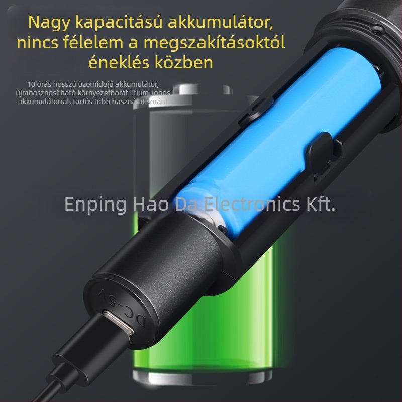 Kábeles kézi dinamikus mikrofon otthoni és színpadi használatra, modell 108; levehető akkumulátor 800-1000 mAh; üzemidő 6-8 óra; frekvenciatartomány 100 Hz-20 kHz