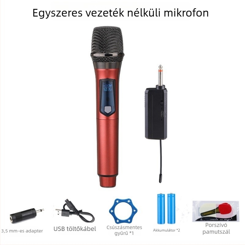Kábeles kézi dinamikus mikrofon otthoni és színpadi használatra, modell 108; levehető akkumulátor 800-1000 mAh; üzemidő 6-8 óra; frekvenciatartomány 100 Hz-20 kHz