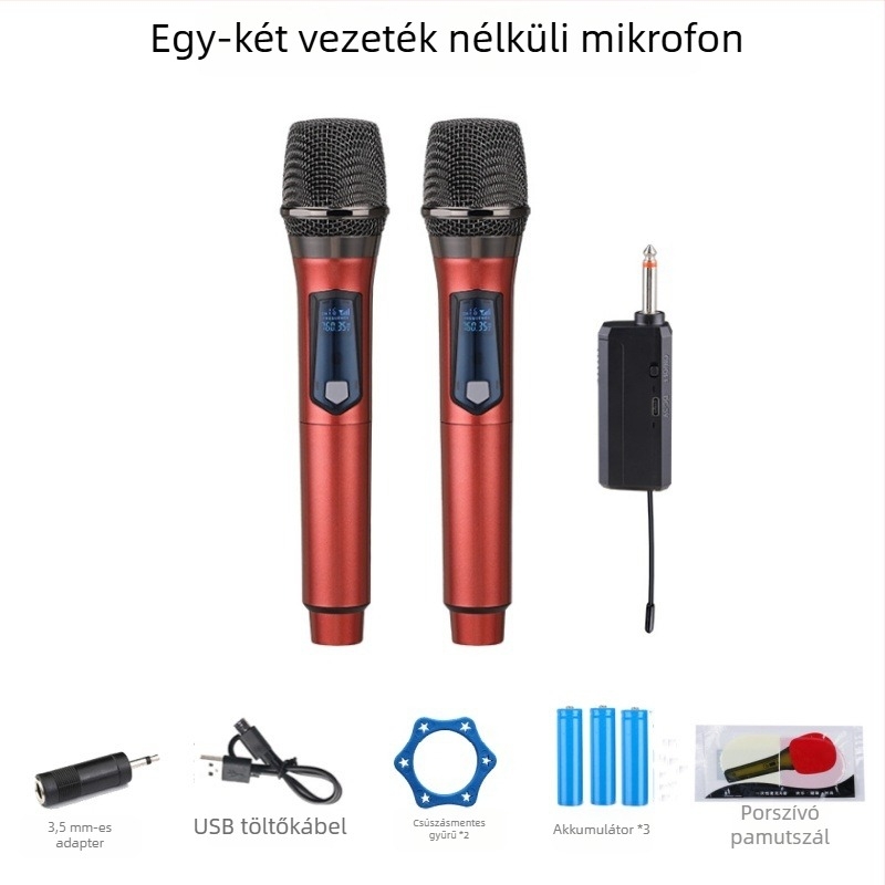 Kábeles kézi dinamikus mikrofon otthoni és színpadi használatra, modell 108; levehető akkumulátor 800-1000 mAh; üzemidő 6-8 óra; frekvenciatartomány 100 Hz-20 kHz