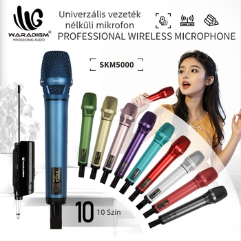 Vezeték nélküli karaoke mikrofonnal vevőegységgel, színpadi és otthoni használatra; cserélhető akkumulátor 2000–4000 mAh; SNR ≥95 dB; névleges teljesítmény 12; üzemidő 1–3 óra.