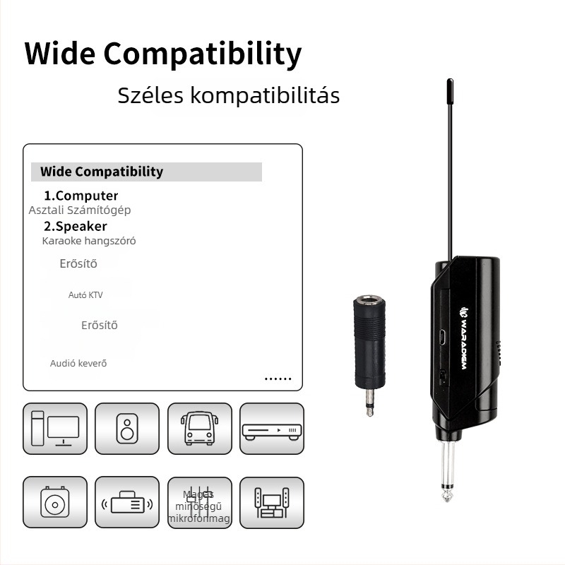 Vezeték nélküli karaoke mikrofonnal vevőegységgel, színpadi és otthoni használatra; cserélhető akkumulátor 2000–4000 mAh; SNR ≥95 dB; névleges teljesítmény 12; üzemidő 1–3 óra.