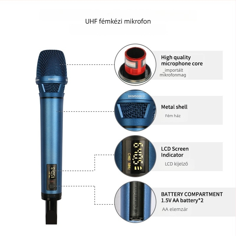 Vezeték nélküli karaoke mikrofonnal vevőegységgel, színpadi és otthoni használatra; cserélhető akkumulátor 2000–4000 mAh; SNR ≥95 dB; névleges teljesítmény 12; üzemidő 1–3 óra.