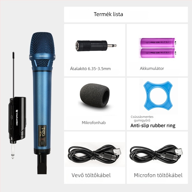 Vezeték nélküli karaoke mikrofonnal vevőegységgel, színpadi és otthoni használatra; cserélhető akkumulátor 2000–4000 mAh; SNR ≥95 dB; névleges teljesítmény 12; üzemidő 1–3 óra.