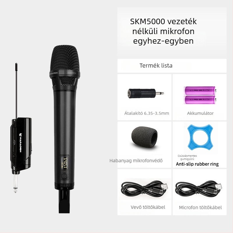 Vezeték nélküli karaoke mikrofonnal vevőegységgel, színpadi és otthoni használatra; cserélhető akkumulátor 2000–4000 mAh; SNR ≥95 dB; névleges teljesítmény 12; üzemidő 1–3 óra.
