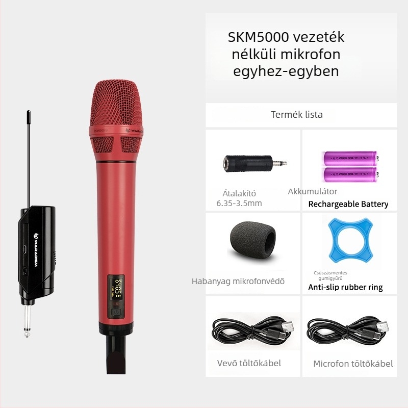 Vezeték nélküli karaoke mikrofonnal vevőegységgel, színpadi és otthoni használatra; cserélhető akkumulátor 2000–4000 mAh; SNR ≥95 dB; névleges teljesítmény 12; üzemidő 1–3 óra.