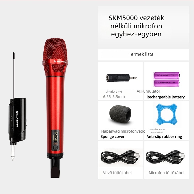 Vezeték nélküli karaoke mikrofonnal vevőegységgel, színpadi és otthoni használatra; cserélhető akkumulátor 2000–4000 mAh; SNR ≥95 dB; névleges teljesítmény 12; üzemidő 1–3 óra.