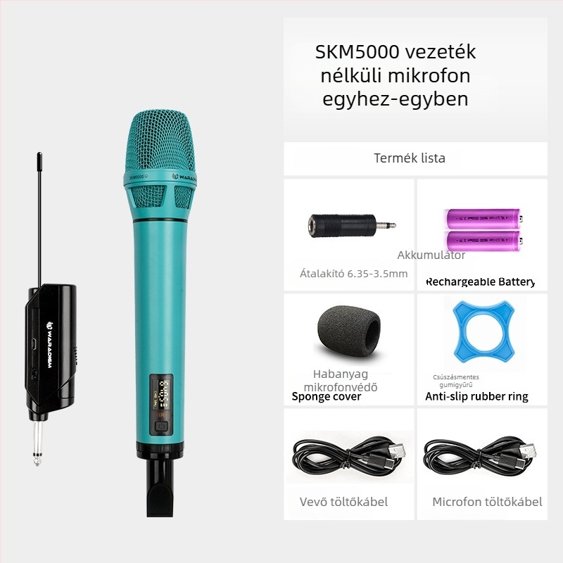 Vezeték nélküli karaoke mikrofonnal vevőegységgel, színpadi és otthoni használatra; cserélhető akkumulátor 2000–4000 mAh; SNR ≥95 dB; névleges teljesítmény 12; üzemidő 1–3 óra.