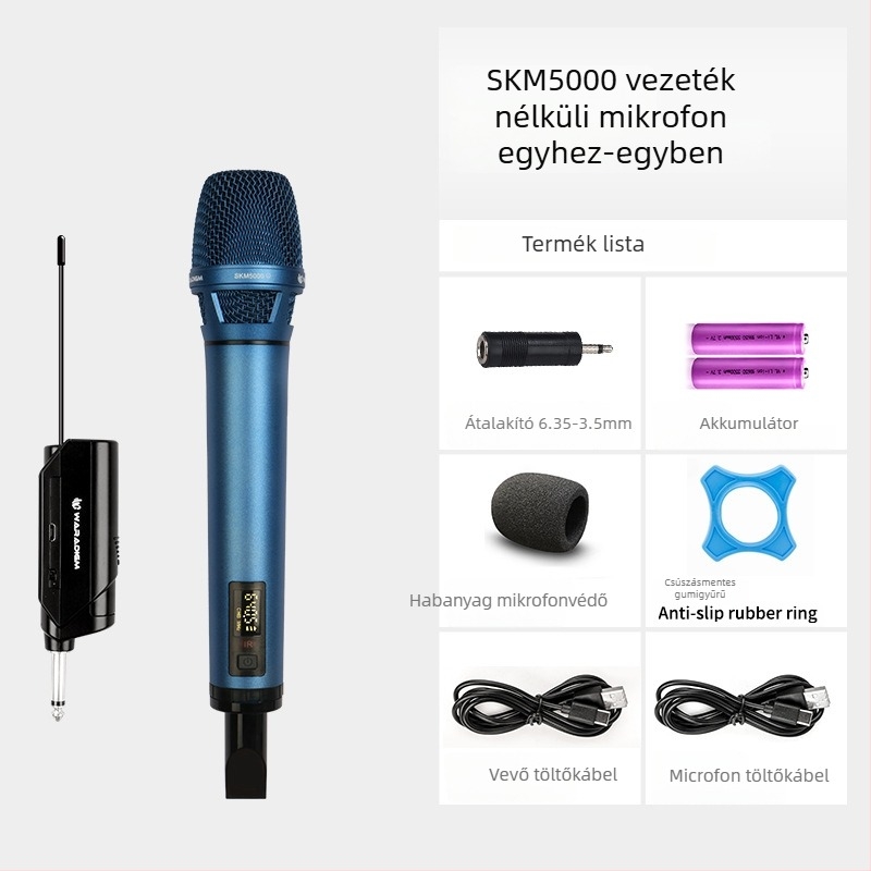 Vezeték nélküli karaoke mikrofonnal vevőegységgel, színpadi és otthoni használatra; cserélhető akkumulátor 2000–4000 mAh; SNR ≥95 dB; névleges teljesítmény 12; üzemidő 1–3 óra.