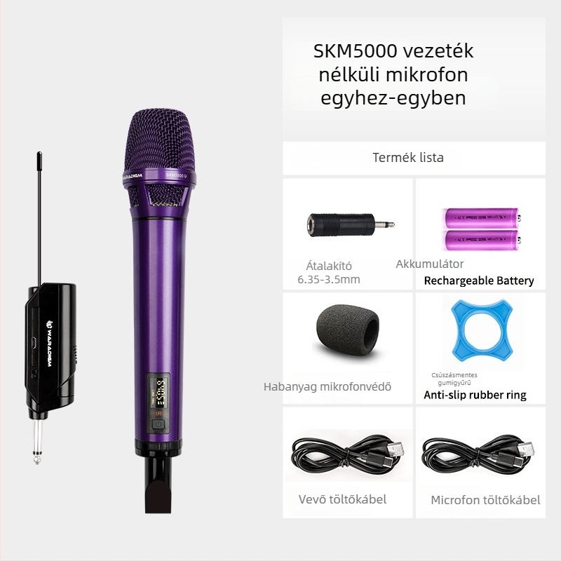 Vezeték nélküli karaoke mikrofonnal vevőegységgel, színpadi és otthoni használatra; cserélhető akkumulátor 2000–4000 mAh; SNR ≥95 dB; névleges teljesítmény 12; üzemidő 1–3 óra.