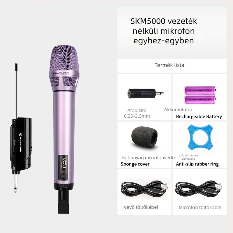 Vezeték nélküli karaoke mikrofonnal vevőegységgel, színpadi és otthoni használatra; cserélhető akkumulátor 2000–4000 mAh; SNR ≥95 dB; névleges teljesítmény 12; üzemidő 1–3 óra.