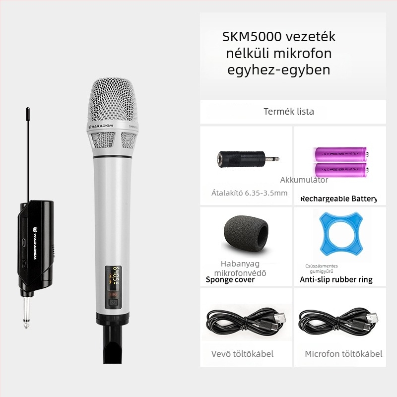 Vezeték nélküli karaoke mikrofonnal vevőegységgel, színpadi és otthoni használatra; cserélhető akkumulátor 2000–4000 mAh; SNR ≥95 dB; névleges teljesítmény 12; üzemidő 1–3 óra.
