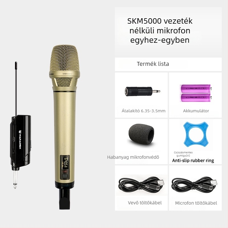 Vezeték nélküli karaoke mikrofonnal vevőegységgel, színpadi és otthoni használatra; cserélhető akkumulátor 2000–4000 mAh; SNR ≥95 dB; névleges teljesítmény 12; üzemidő 1–3 óra.