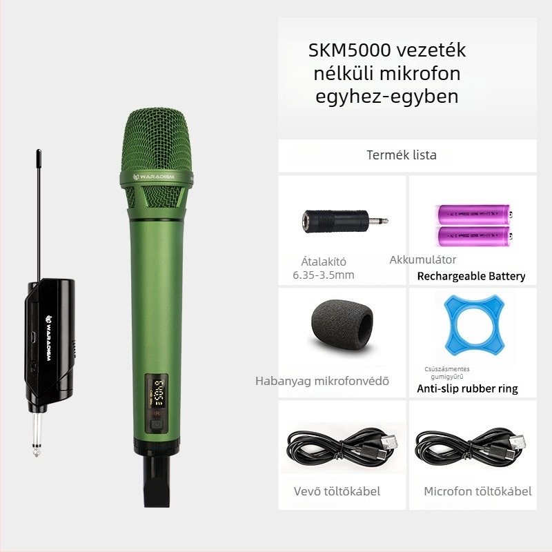 Vezeték nélküli karaoke mikrofonnal vevőegységgel, színpadi és otthoni használatra; cserélhető akkumulátor 2000–4000 mAh; SNR ≥95 dB; névleges teljesítmény 12; üzemidő 1–3 óra.