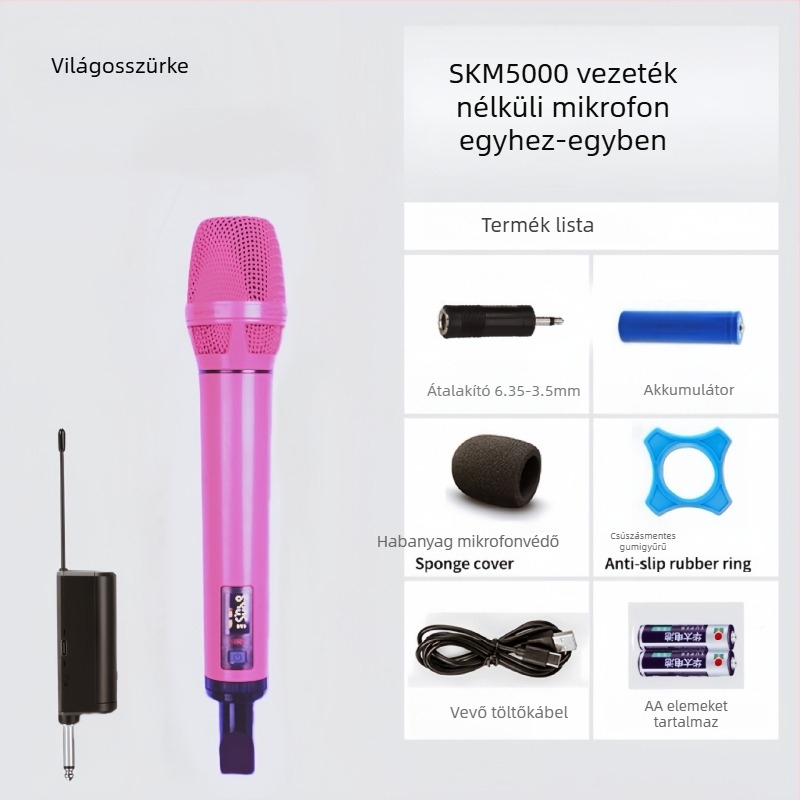 Vezeték nélküli karaoke mikrofonnal vevőegységgel, színpadi és otthoni használatra; cserélhető akkumulátor 2000–4000 mAh; SNR ≥95 dB; névleges teljesítmény 12; üzemidő 1–3 óra.