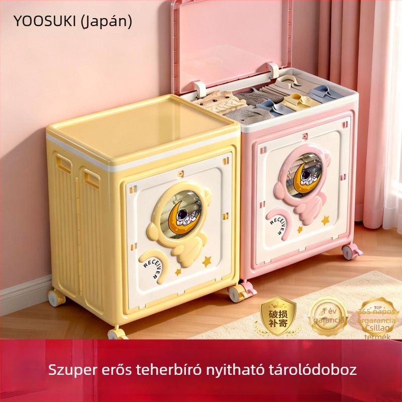 Személyre szabott ruhatároló doboz kerekekkel, PP anyag, összecsukható, Cartoon mintázat, nyitható fedél