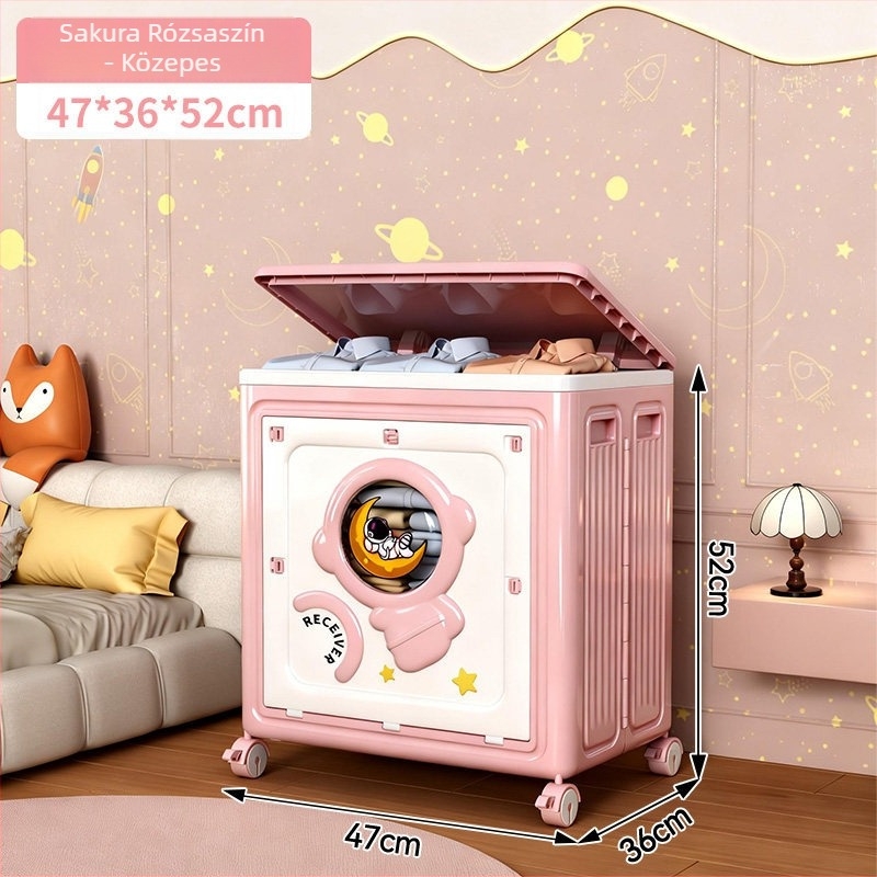 Személyre szabott ruhatároló doboz kerekekkel, PP anyag, összecsukható, Cartoon mintázat, nyitható fedél
