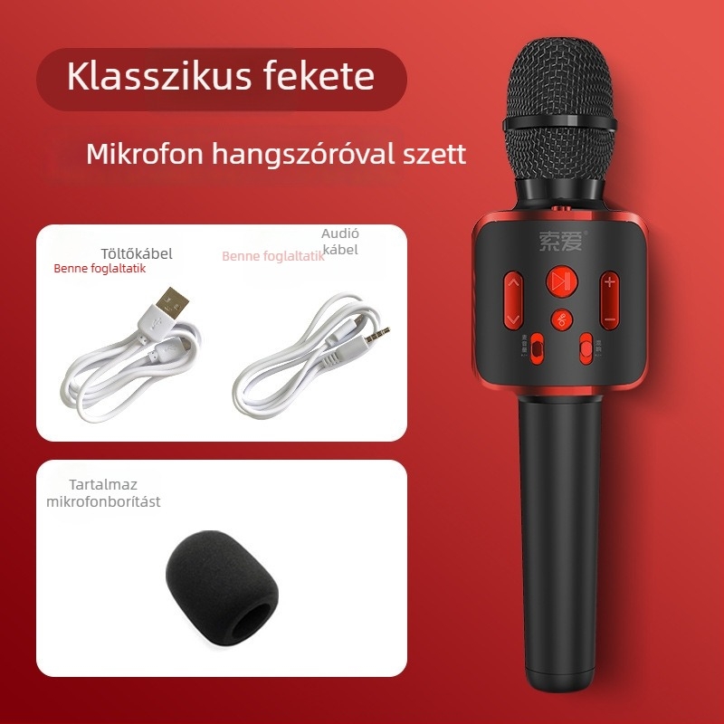 Mobiltelefonokra szánt karaoké mikrofon és hangfal készlet; mobiltelefonos karaoké mikrofon; szuperkardioid polaritás; SNR ≥70 dB; beépített akkumulátor nélkül