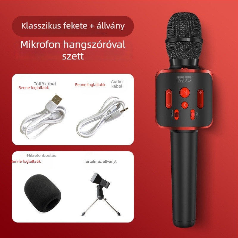 Mobiltelefonokra szánt karaoké mikrofon és hangfal készlet; mobiltelefonos karaoké mikrofon; szuperkardioid polaritás; SNR ≥70 dB; beépített akkumulátor nélkül
