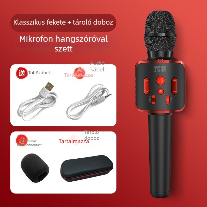 Mobiltelefonokra szánt karaoké mikrofon és hangfal készlet; mobiltelefonos karaoké mikrofon; szuperkardioid polaritás; SNR ≥70 dB; beépített akkumulátor nélkül