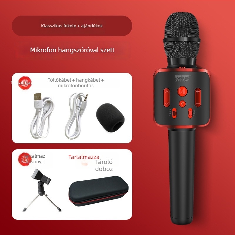 Mobiltelefonokra szánt karaoké mikrofon és hangfal készlet; mobiltelefonos karaoké mikrofon; szuperkardioid polaritás; SNR ≥70 dB; beépített akkumulátor nélkül