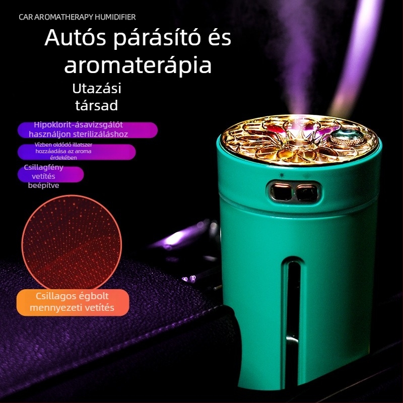 Gépjármű párásító és illatosító permetező, ABS anyag, 5V tápegység, 2W teljesítmény, univerzális kompatibilitás, lefedettség akár 10 m²