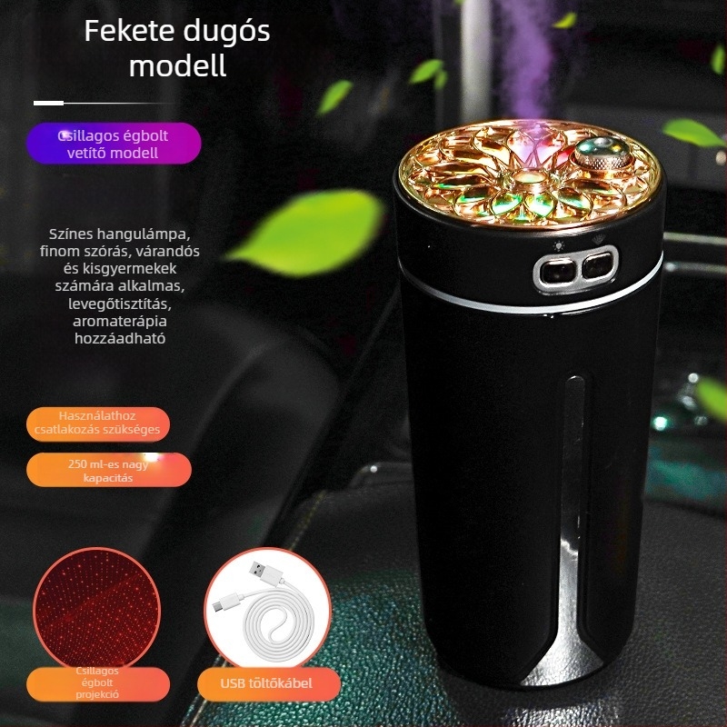 Gépjármű párásító és illatosító permetező, ABS anyag, 5V tápegység, 2W teljesítmény, univerzális kompatibilitás, lefedettség akár 10 m²