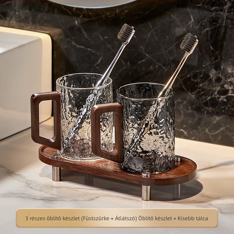 Üveg öblítő pohár háztartási használatra, páros készlet, fogantyúval, fürdőszobához, pohár a fogkeféhez és a fogkrémhez