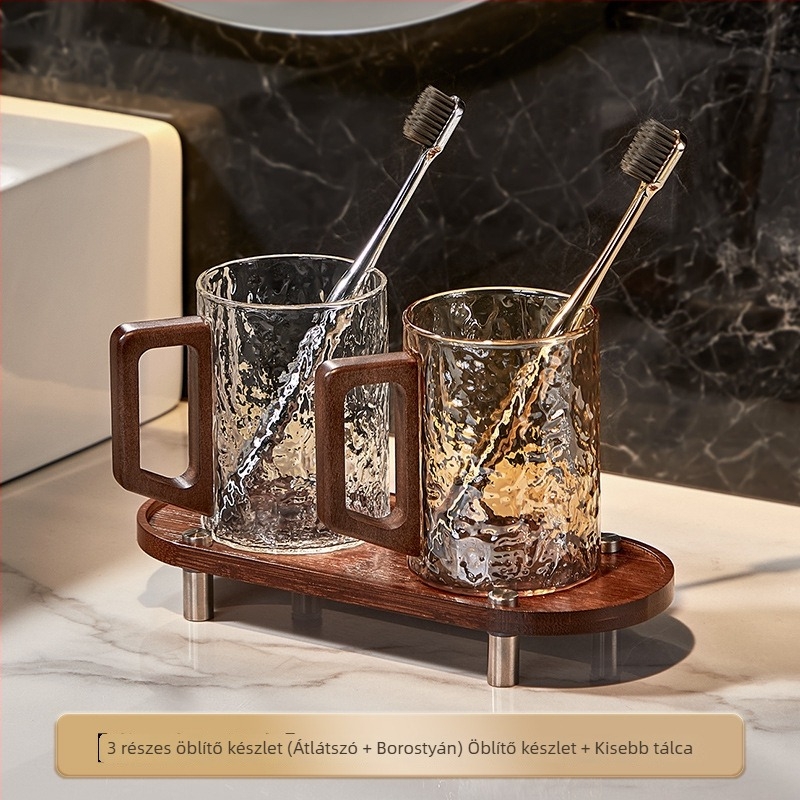 Üveg öblítő pohár háztartási használatra, páros készlet, fogantyúval, fürdőszobához, pohár a fogkeféhez és a fogkrémhez